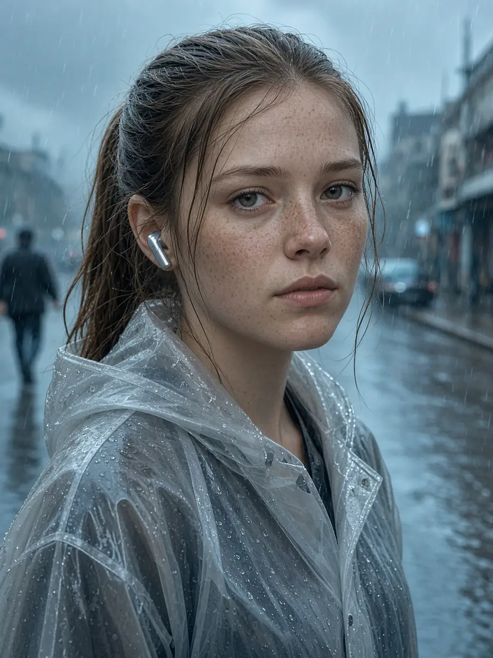 Retrato de una persona bajo la lluvia, con abrigo translúcido y luz cian, en una calle del futuro.