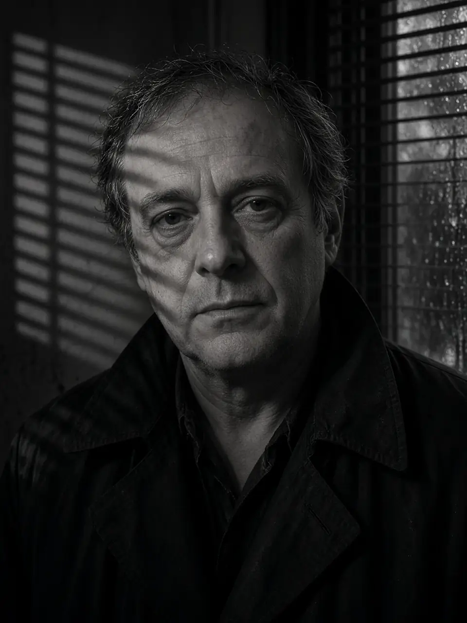 Retrato en blanco y negro de una persona bajo la lluvia, con sombra de persianas.