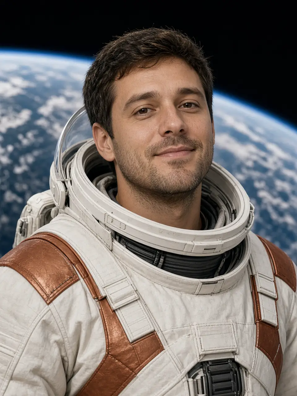Retrato de una persona con traje espacial y la curva de la Tierra detrás.