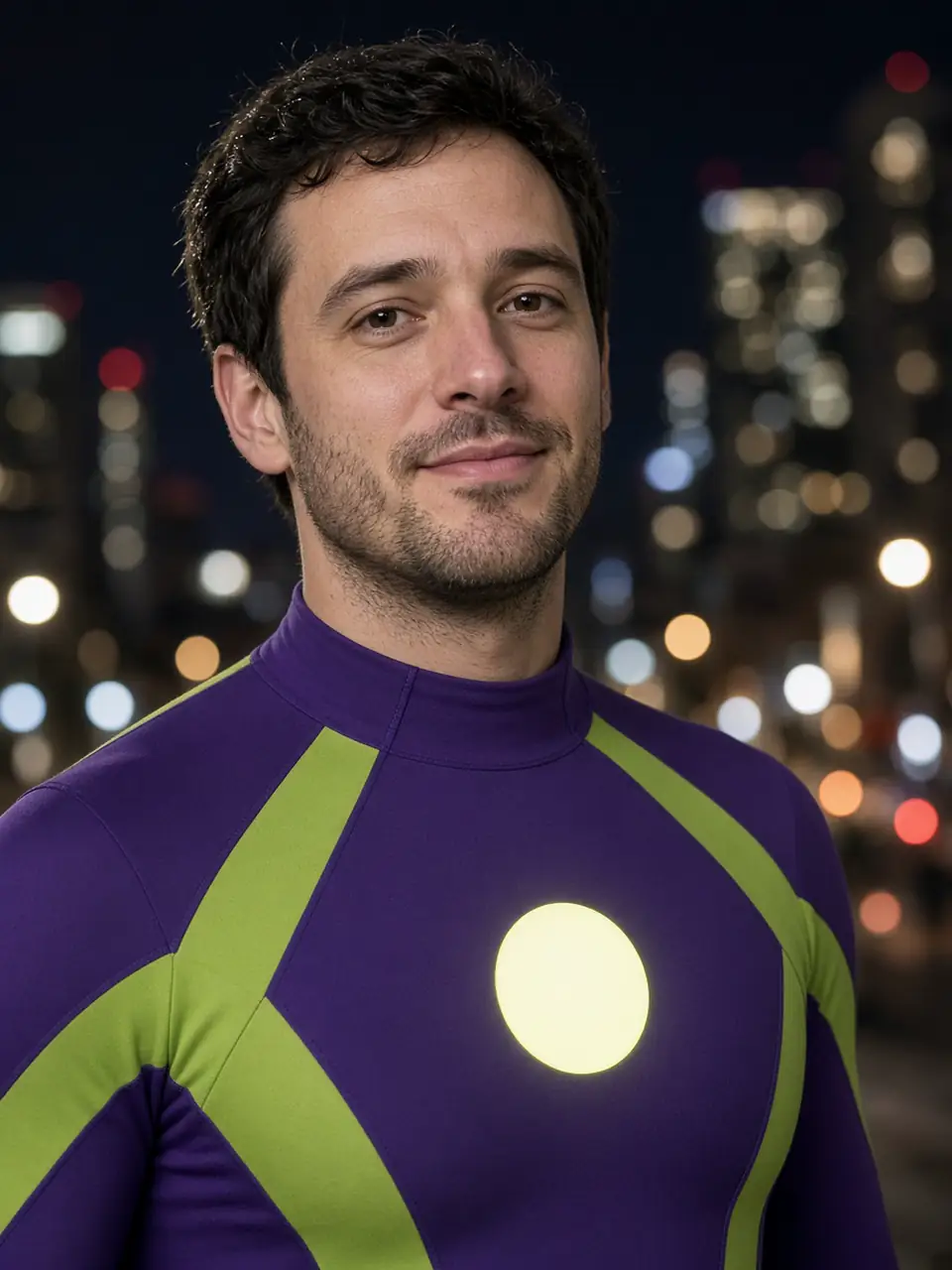 Retrato de una persona con un traje heroico original, violeta y verde, frente a una ciudad de noche.
